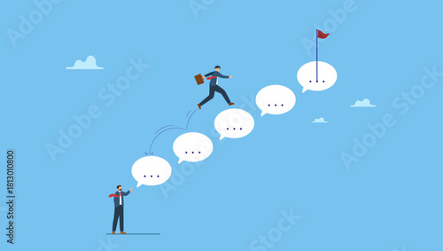 Businessman jump on speech bubble advice to success. Advice or effective feedback to motivate to success, comment, opinion for career improvement, help or communication to support employee.