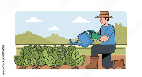 Gardener Watering Plants in a Field with Green Hills and a Blue Sky Scene