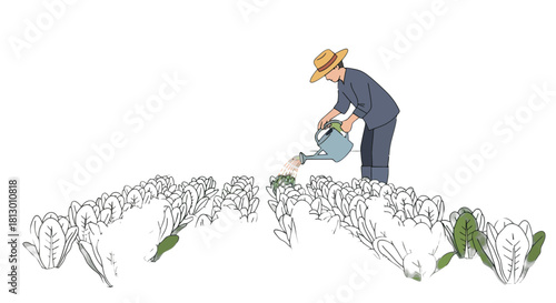 Gardener Watering Plants in Dramatic Silhouette with Brightly Lit Elements