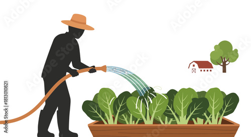 Gardener Watering Vegetables In A Wooden Planter, With Farmhouse And Tree