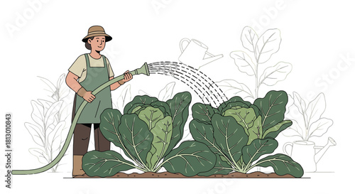 Gardener Watering Vegetables Using A Hose Amidst Beautiful, Lush Greenery