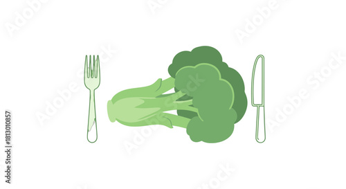 Healthy Broccoli Meal Preparation Illustration With Fork and Knife On Black Background