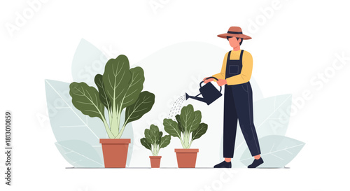 Gardener Watering Vegetables, Cultivating Plants, Gardening and Taking Care Of Greens