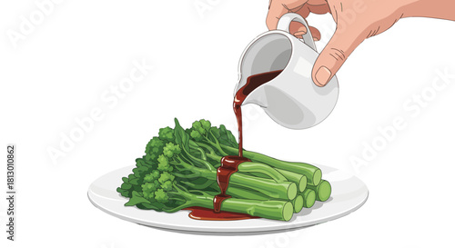 Healthy Broccoli Sprinkled With Sauce On Plate, Illustration Against Black Background