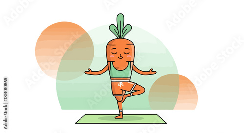 Healthy Carrot Character Doing Yoga on Mat Depicting Balance and Wellbeing Perfectly