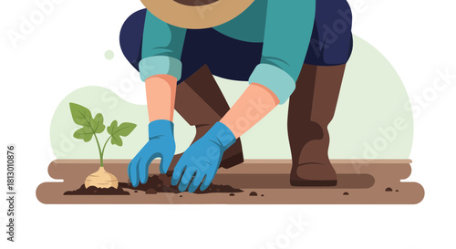 Gardening Activity Illustration: Planting a Sapling, Cultivating Soil, And Outdoor Work