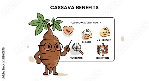 Healthy Cassava Character Presenting Cardiovascular Health Benefits In Animated Illustration