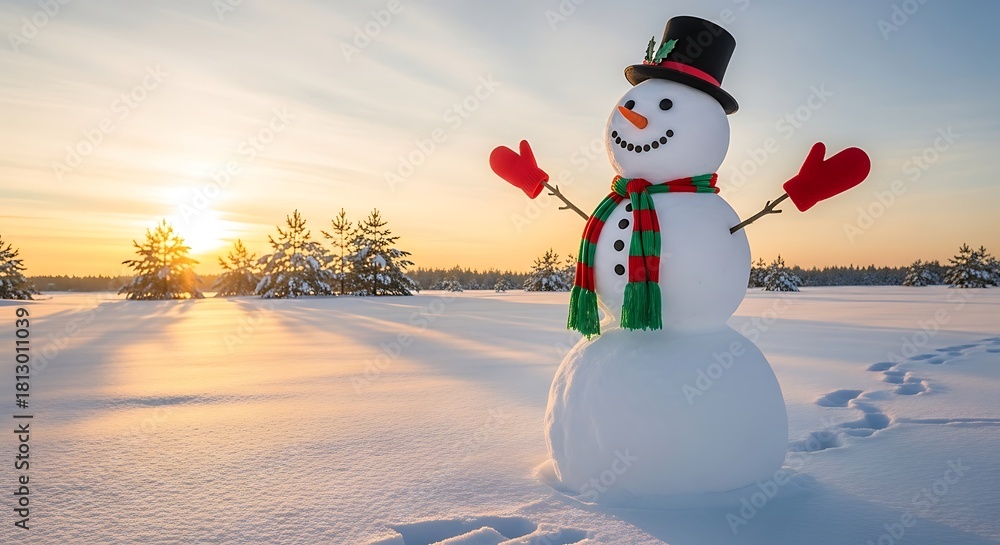 Obraz premium Snowman stands cheerfully in a snowy field at sunrise.