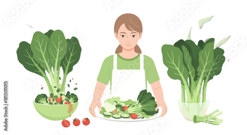 Healthy Culinary Artistry: A Woman Presents a Fresh Salad, Vibrant and Delicious