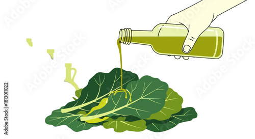 Healthy Culinary Illustration Showing Olive Oil Pouring Onto Fresh Greens For Food Prep