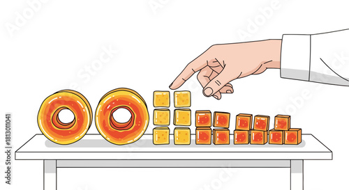 Glazed Donuts And Cubes With Hand Pointing, Arrangement On A Table, Black Background