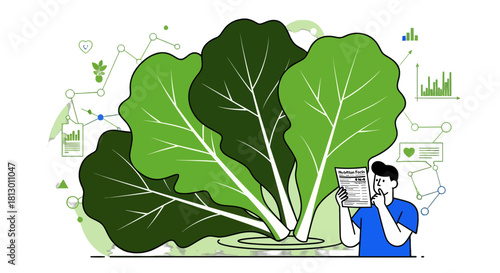 Healthy Eating: An Illustration Of Nutrition Facts And Green Leafy Vegetables