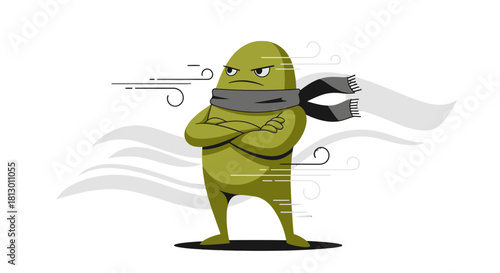 Green Character With Scarf Against Wind Depicts Weather and Strong Emotions Vector Illustration