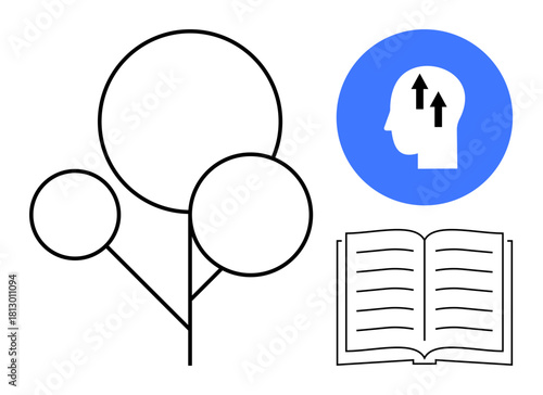 Education concept. Education enhancing growth through knowledge, learning, and innovation. Education ed by book, head with arrows, and a tree. For e-learning, training and development