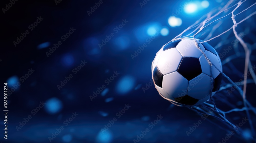 Fototapeta premium Soccer Ball in Goal Net with Bright Blue Stadium Lights at Night