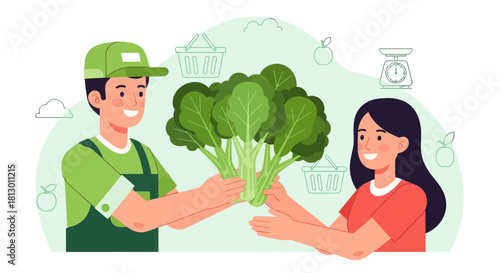 Healthy Food Handover Depiction: Farmer Sharing Fresh Produce with Happy Customer