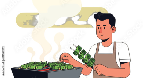 Grilling Aromatic Skewers: A Culinary Illustration with a Smiling Cook and Smoke