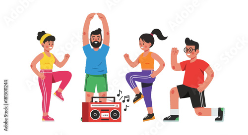 Group Fitness Workout With Music Lively Cartoon Illustration On Black Background