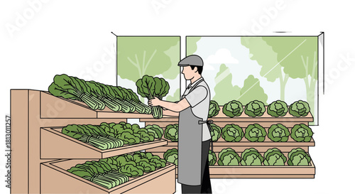 Grocery Store Worker Arranging Fresh Vegetables on Display for Customers