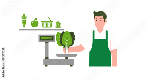 Healthy Food Market Illustration: A Fresh Produce Vendor Weighing Greens for Sale