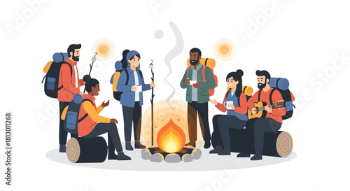 Group Of Adventurers Gathering Around A Campfire Under The Midnight Sky With Music