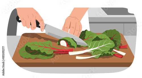 Healthy Food Preparation: Cutting Fresh Greens on a Wooden Cutting Board