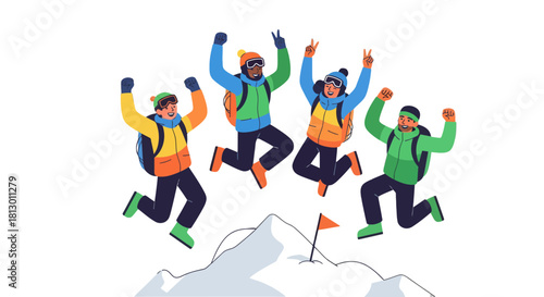 Group Of Adventurous Climbers Celebrating Victory At The Mountain Summit Achievement