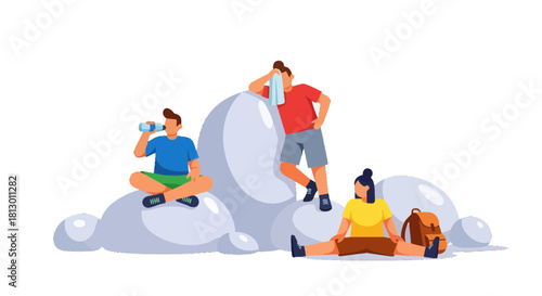 Group Of Adventurers Resting On Mountain Shape Over Black Background Depicting A Trip
