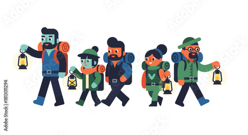 Group Of Adventurers Traverse Dark Trails With Lanterns And Backpacks On Their Journey