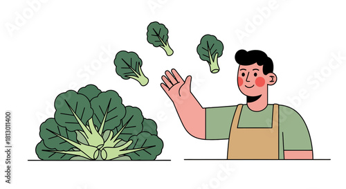 Healthy Gardener Tossing Green Broccoli Florets Against a Black Background