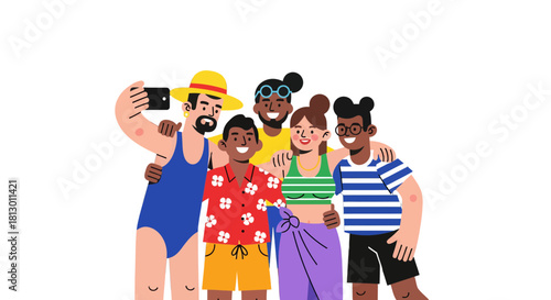 Group Of Friends Taking Selfie During Summer Vacation Enjoying Good Times Together