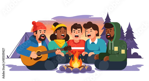 Group Of Friends Enjoying Music Around A Campfire During Their Camping Trip
