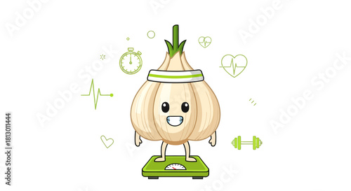 Healthy Garlic Bulb On Scales, Fitness Illustration, Gym And Well Being Concept