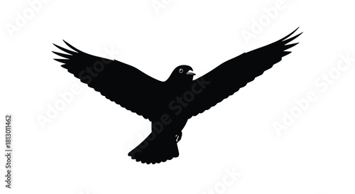 Elegant black silhouette of a soaring falcon with outstretched wings against pure white symbolizing freedom and power in a minimalist design, Generative AI.