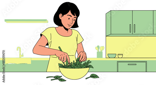 Healthy Home Cooking: A Woman Preparing Fresh Salad in a Well-Lit Kitchen
