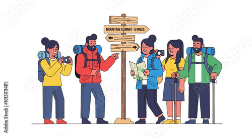 Group Of Hikers Planning Their Ascent To The Mountain Summit With Signpost Guidance