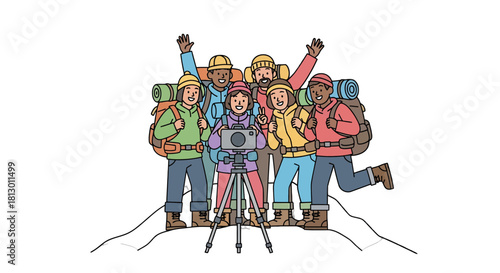 Group Of Hikers Pose for a Photo While Exploring The Outdoors on a Hiking Adventure