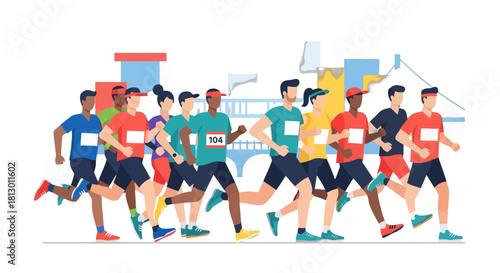 Group Of Runners Competing In A Marathon, Running Across The Cityscape