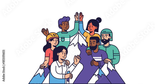 Group Of People Symbolizing Achievement And Teamwork On A Mountain Peak