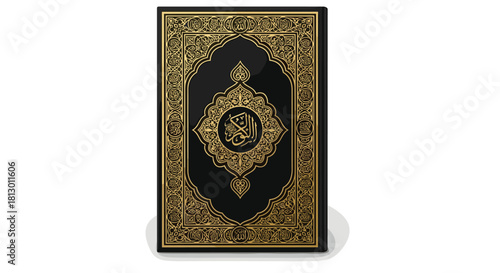 Elegant Quran book with intricate golden designs for religious studies spiritual guidance and Islamic heritage in Ramadan Eid and educational illustrations, Generative AI.