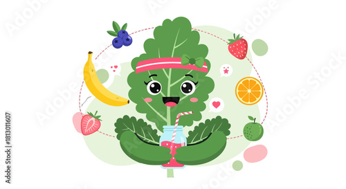 Healthy Leafy Green Character With Assorted Fruits And Smoothie In Hand