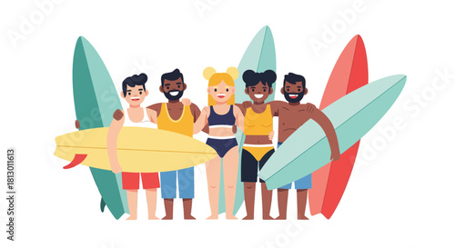 Group Of Surfers, Posing For Photo, Beach Ready And Full Of Energy