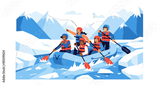 Group Rafting Adventure in Snowy Mountain Waters Captures Teamwork and Excitement