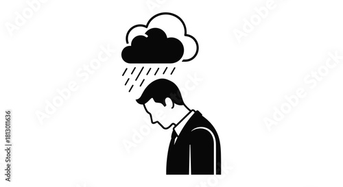 Depressed businessman feeling down with rain cloud overhead symbolizing stress anxiety and emotional burden in professional life mental health awareness, Generative AI.