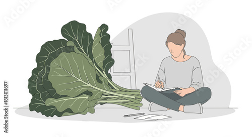 Healthy Lifestyle and Vegetable Inspiration: A Woman Planning Recipes And Healthy Greens