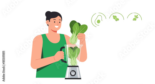 Healthy Lifestyle Choice: Preparing Green Smoothie with Fresh Ingredients for Wellness.