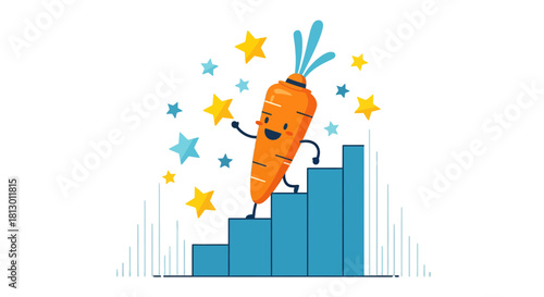 Happy Carrot Character Climbing The Success Stairs With Magical Star Symbols