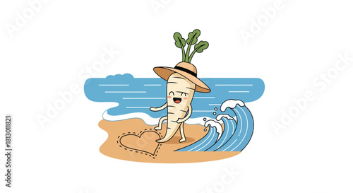 Happy Carrot Character Enjoying Summer Beach Holiday with Waves and Sandy Art