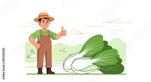 Happy Farmer and Fresh Bok Choy Illustration Against a Green Background