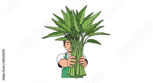 Happy Farmer Presenting Freshly Harvested Leafy Greens, Artistic Illustration on Black